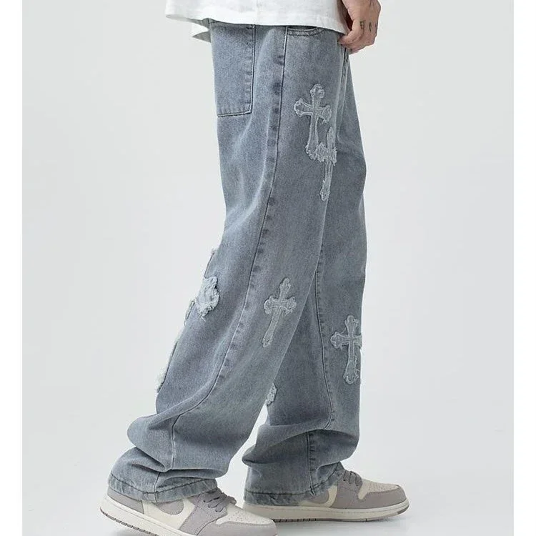 Mężczyźni Koreański Streetwear Hip Hop Low Rise Baggy Jeans For Y2k Fashion Trousers Cross Denim Pants Cargo Pants Casual Trousers