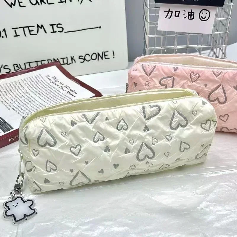 Kawaii Beige Love Pencil Box Lovely Large Capacity Pencil Case Cosmetic Bag Student Stationery Storage Pouch for Girl Gifts