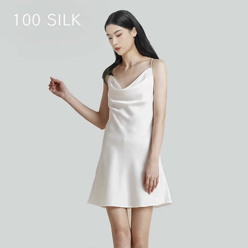 Sexy Swing Collar 100 Silk Nightdress for Women 100% Mulberry Silk Satin Sling Nightgown Summer Casual Pyjamas Camisole Homewear