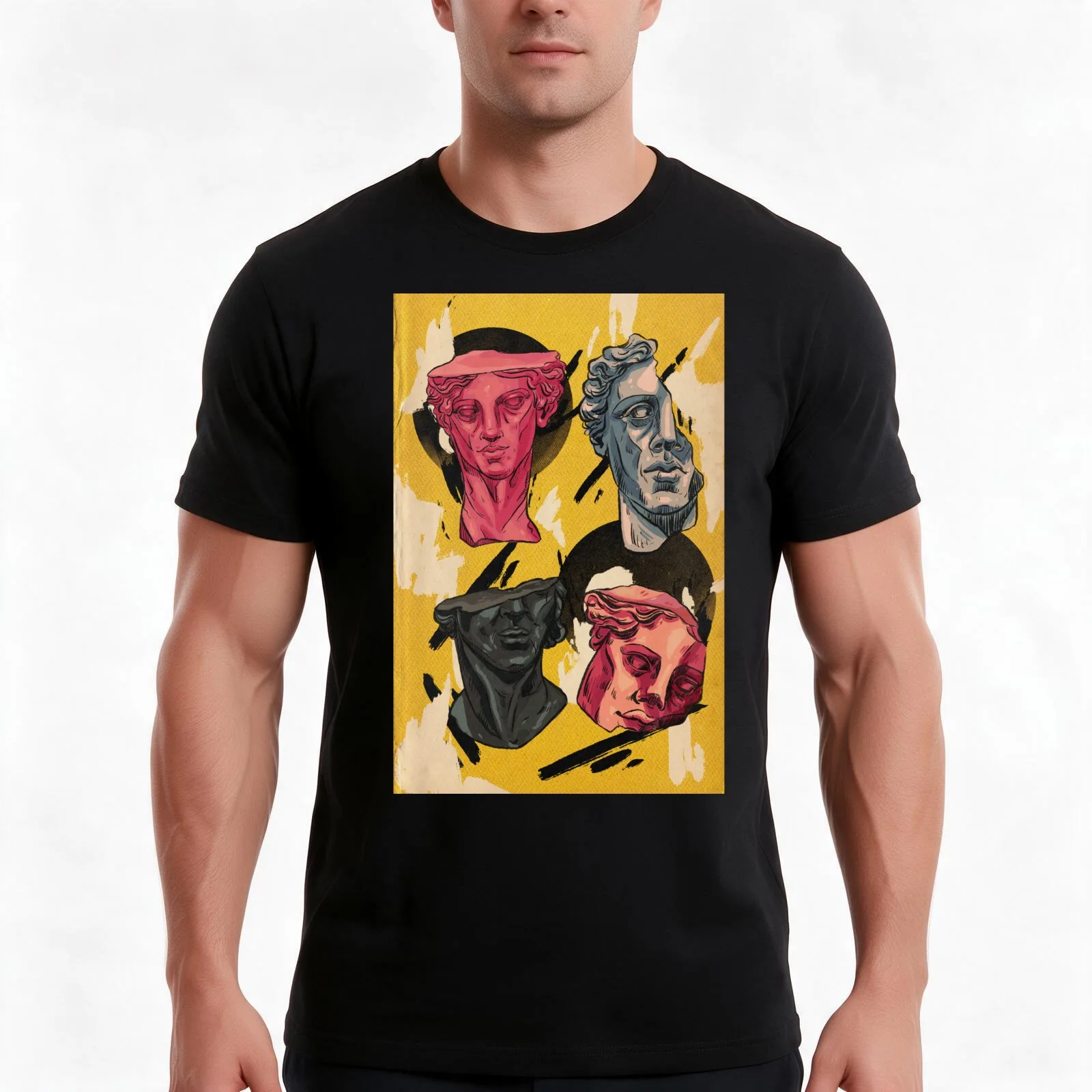 Statues T-Shirt, Summer Casual Cotton Tee, Oversized Streetwear Tops, Vintage Graphic Print, Loose Fit Short Sleeve, 100% Cotton