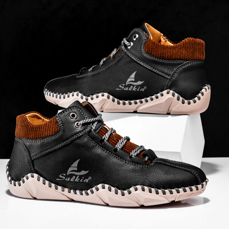 Brand Fashion Leather Men Boots Handmade Plus Size Ankle Boots Outdoor Autumn Men\'s Boots Soft Comfortable Men Casual Sneakers