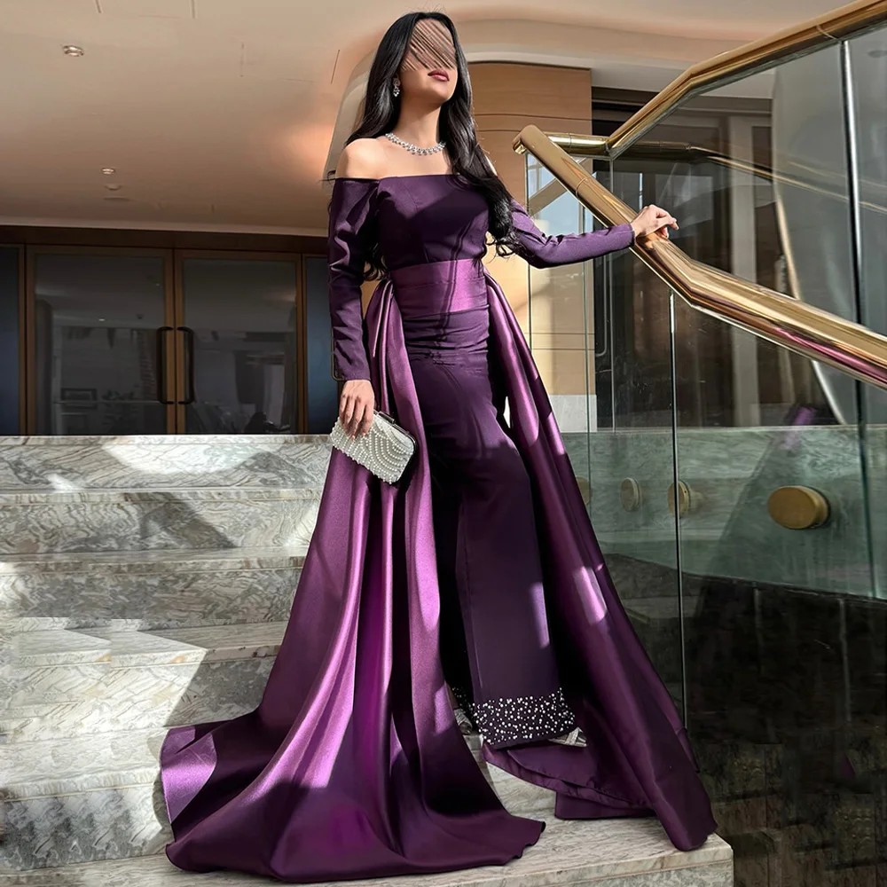 Elegancka suknia wieczorowa szyta na miarę z dekoltem w łódkę, długimi rękawami, długości do podłogi, zdobiona koralikami, formalna suknia balowa z trenem, sukienki na przyjęcia.