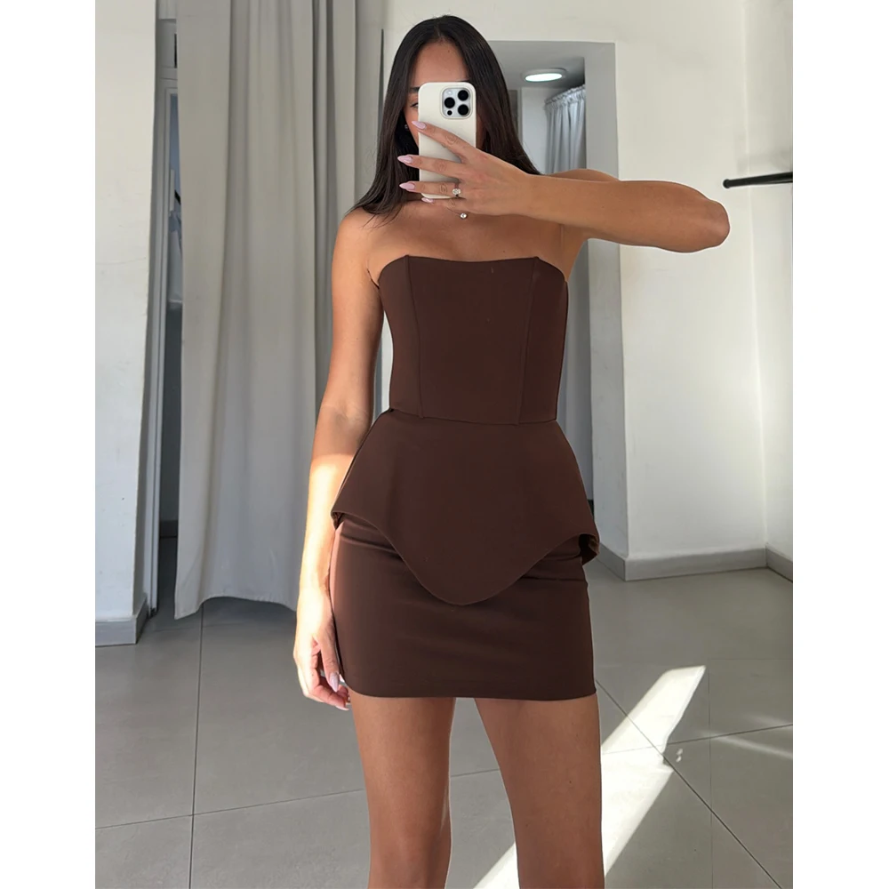 

Brown Cocktail Dress Mini Ruffle Strapless Tiered Column Cocktail Gowns for Women 2025 Sleeveless Sheath Formal Party Dresses