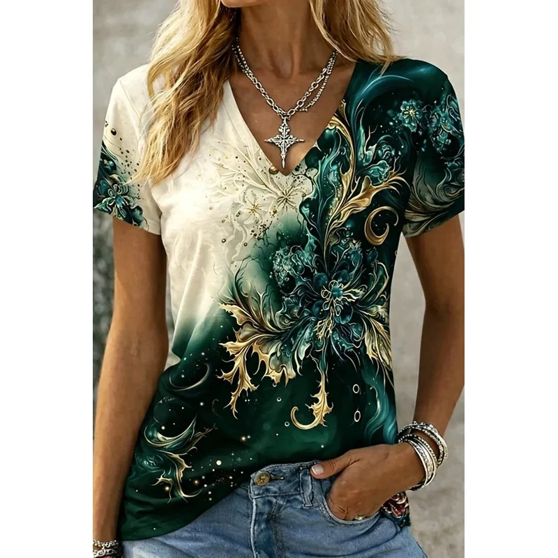 Women's Fantasy Floral Print V-Neck T-Shirt, Casual Short Sleeve Tops, Magic Style for Daily Wear