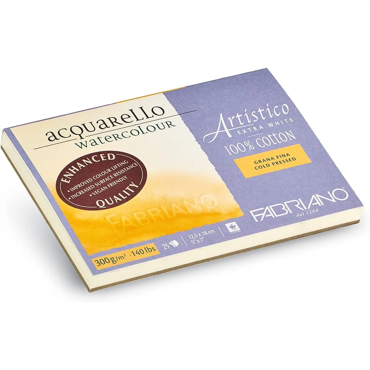 

Fabriano Artistico Watercolor Block 5x7 Extra White 100% Cotton Cold Press 25 Sheets for Artists