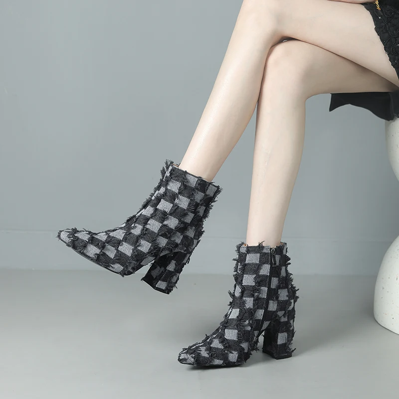 

2023 new autumn winter Women ankle boots plus size 22-26.5CM Plaid denim modern boots side zip thick high heel short boots