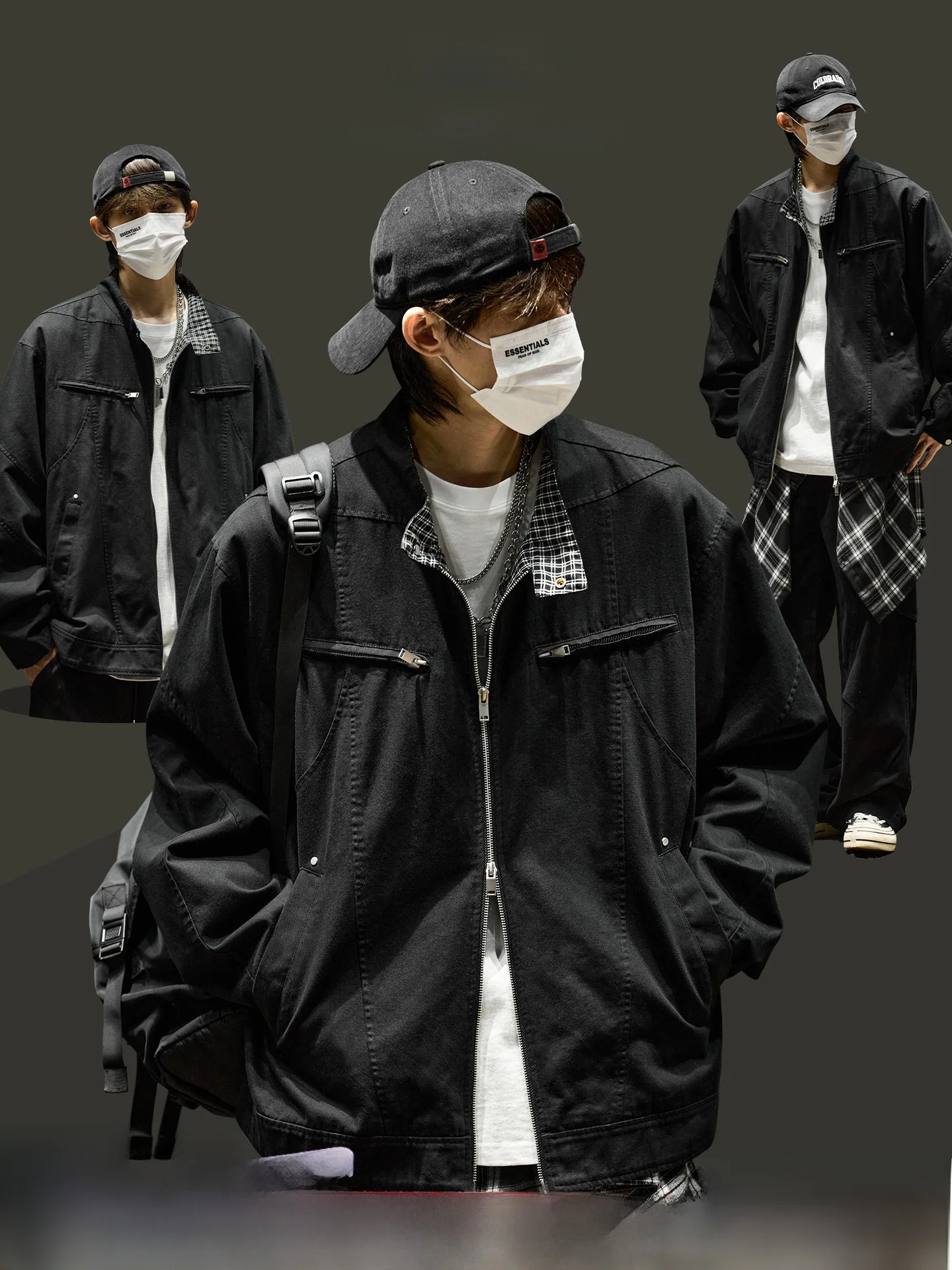 

American Sle Men's Workwear Jaet Plaid Collar Baseball Sle Splicing Loose Fit Spring Autumn Outerwear Youth Faion