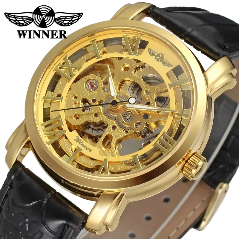 winner Men's casual nail scale automatic mechanical watch Full hollowed-out belt mechanical watch Gold men's watch