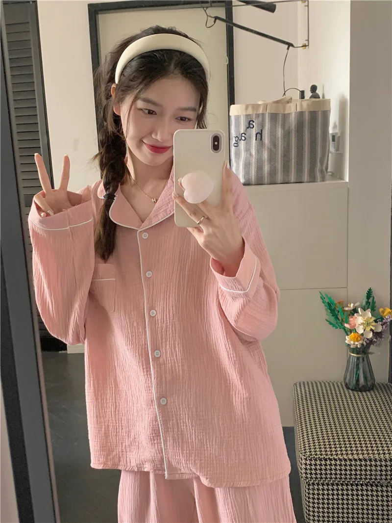Korean Autumn Pajamas Set Women Cotton Solid Single Breasted Shirts + Pants Loose Casual Two Piece Home Suit Sleepwear Elegant