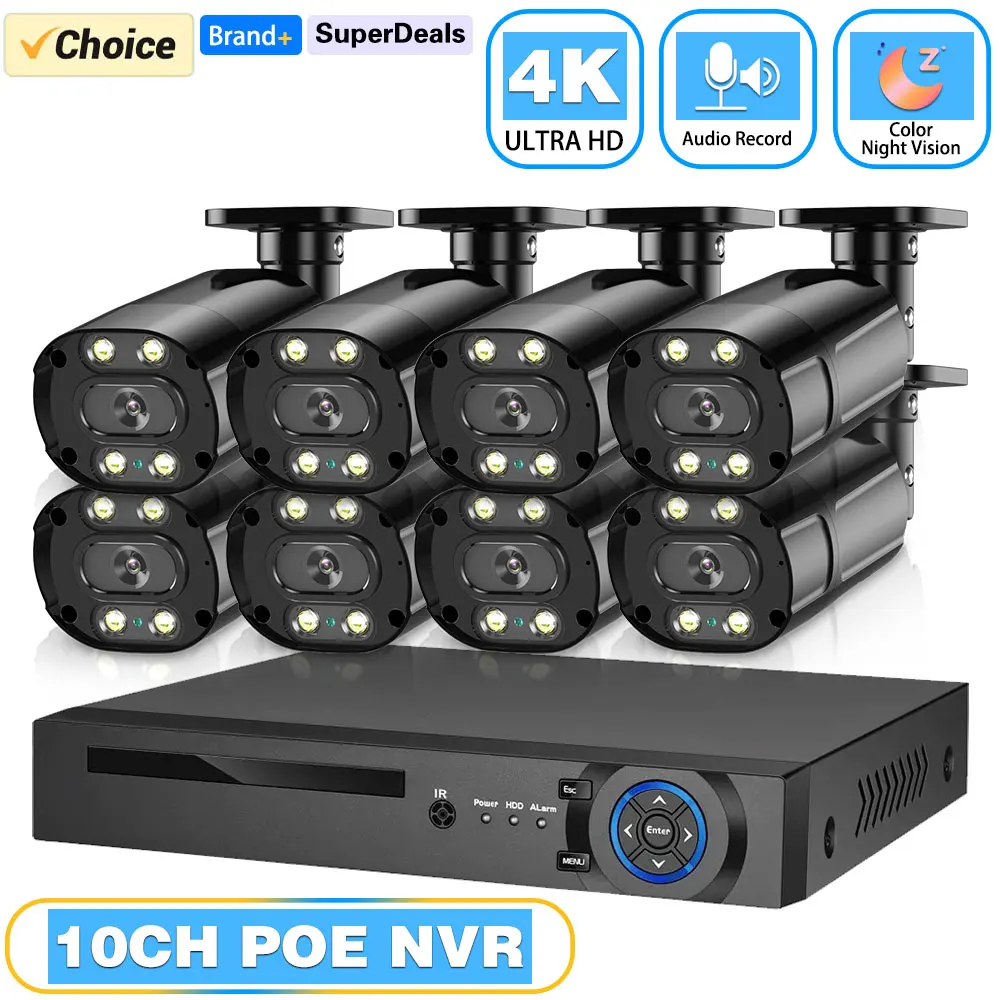 

Комплект системы видеонаблюдения 8 МП 4K с обнаружением движения, POE NVR, для записи видео, уличная камера POE для домашнего видеонаблюдения с аудиозаписью