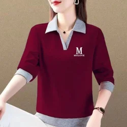 2023 Summer New Korean Version Versatile Commuter Women's Clothing Simplicity Printed Polo Neck Long Sleeve Temperament T-shirt