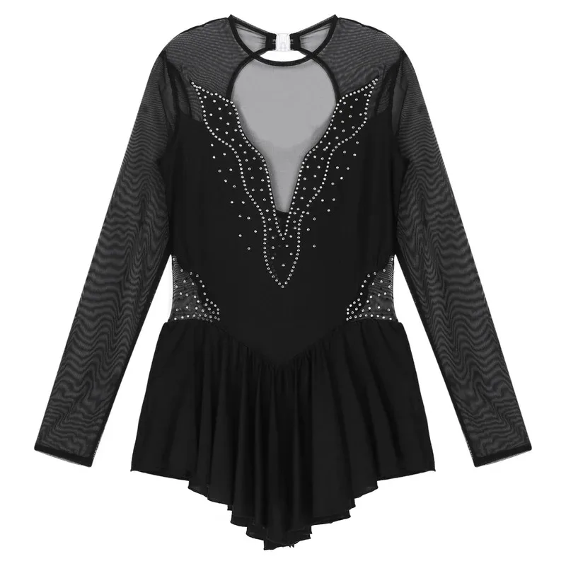 #   S-XL 여성용 반짝이는 라인스톤 피겨 스케이팅 드레스 시스루 메쉬 패치워크 긴팔 러플 스커트 레오타드 댄스웨어