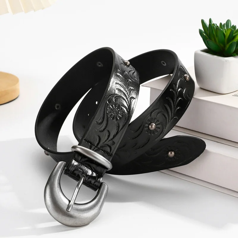 Western Fashion Rivet Design Embossed PU Leather Women Belt Retro Zinc Alloy Pin Buckle Belt for Ladies