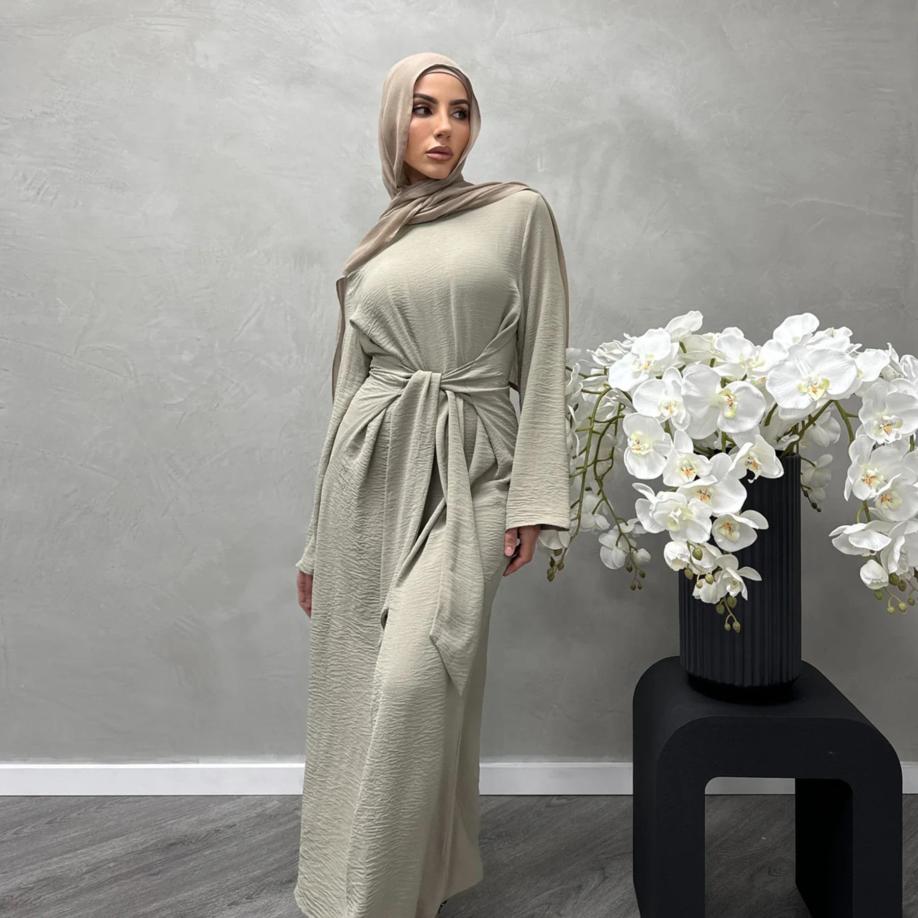 Muslim Women's Integrated Belt Abaya Dress, Dubai Turkish Modest Islamic Clothing, Casual Hijabi Robe, Ramadan Eid