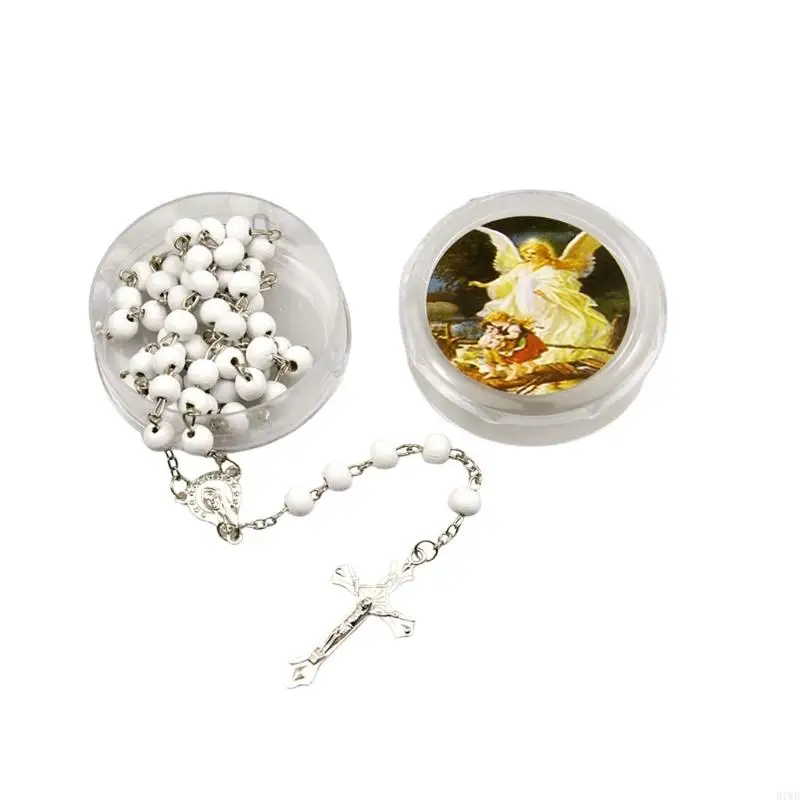 R1WB Classical Crosses Pendant Necklace Scented Rosary Beads for Religious Event