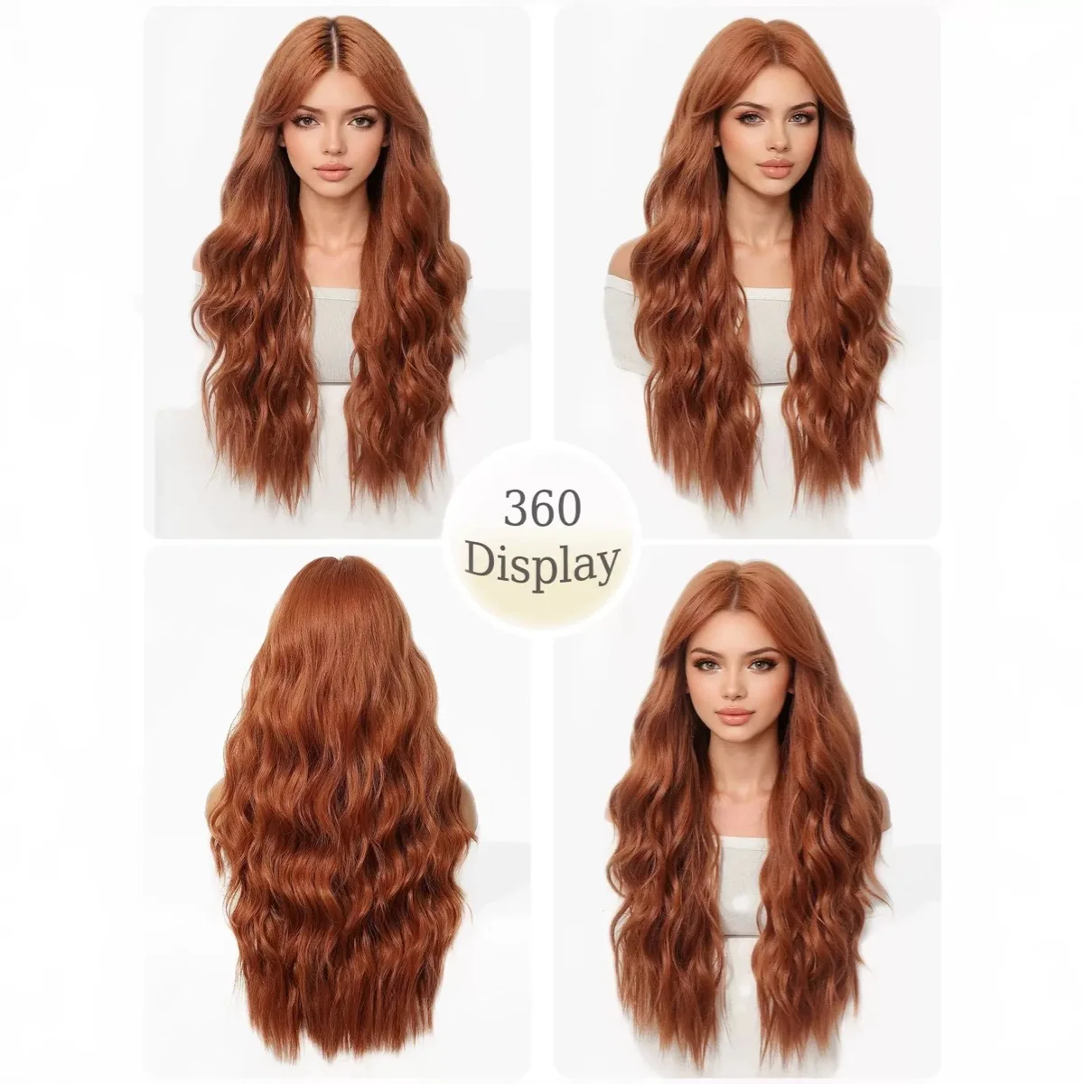 

Hot-selling centre-parted big wavy long curls in dirty orange, age-reducing rose net full wig