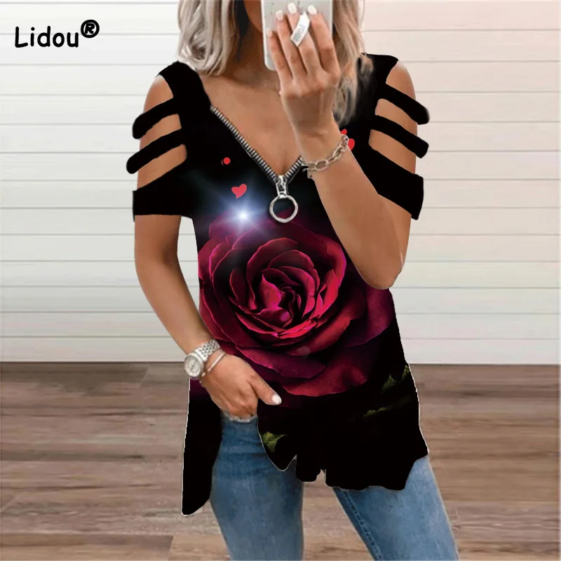 

Clothes for Women Summer Sexy Floral Printing V-Neck Zipper Hollow Out Fashion Top Loose Short Sleeve Oversized T-shirt Female