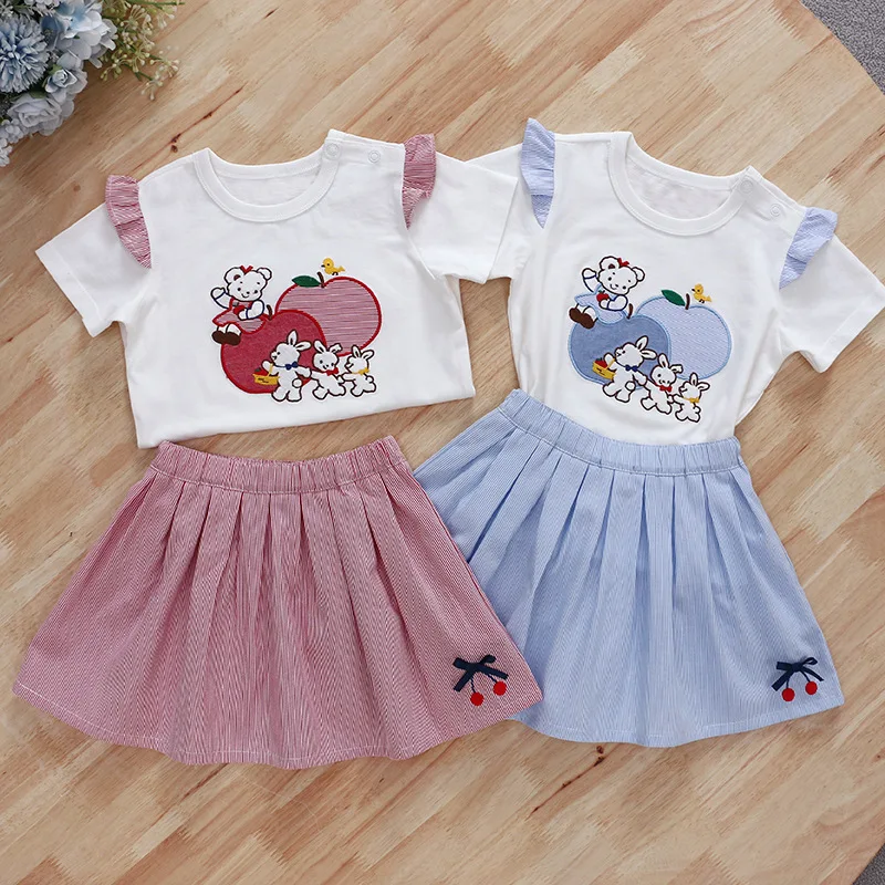 Japanese Summer  Girls\' Dress Sets Cartoon  Bear Rabbit Embroidery Short Sleeve T-shirt Short Skirt Set Baby Girl Clothes Ropa