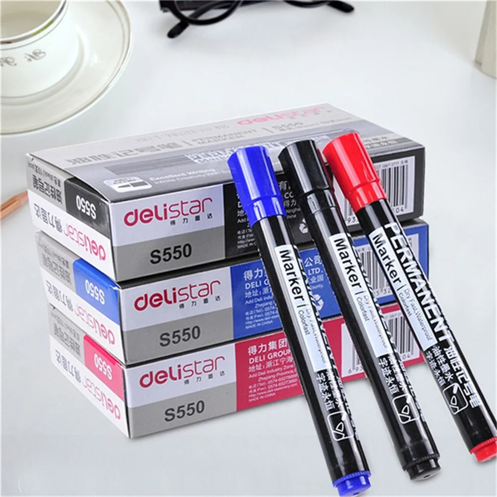 3pcs Deli Permanent Waterproof Oily CD Mark Pen Dry Fast Black Red Blue Ink Marker School Office Supply Business Stationery MP8