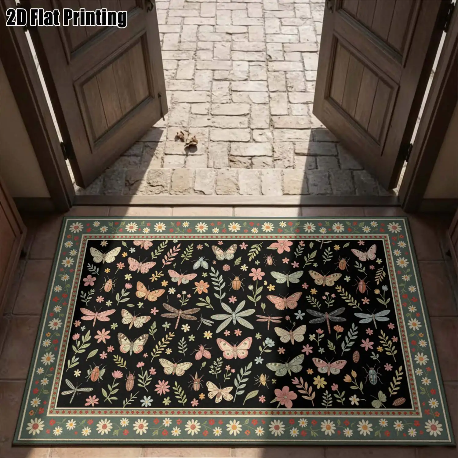 1Pc 2D Printed Retro Black Floral Carpet, Instagram/European Style, Home Decor, Multi-Size, Machine Washable, for Entrance, Dining, Foyer, Study, Living Room, Bedroom