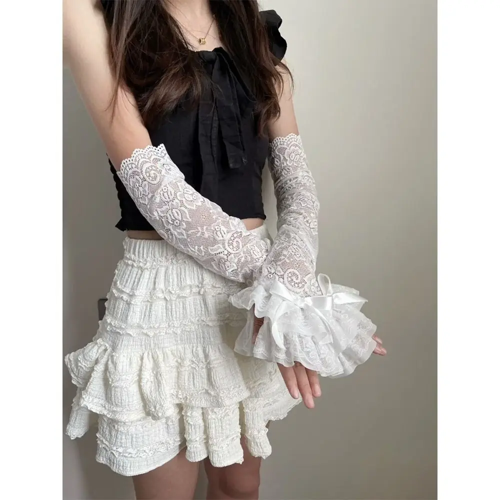 Verão wear y2k laço arco luvas proteção uv estilo fairycore luvas sem dedos doce pura malha braço mangas para mulher