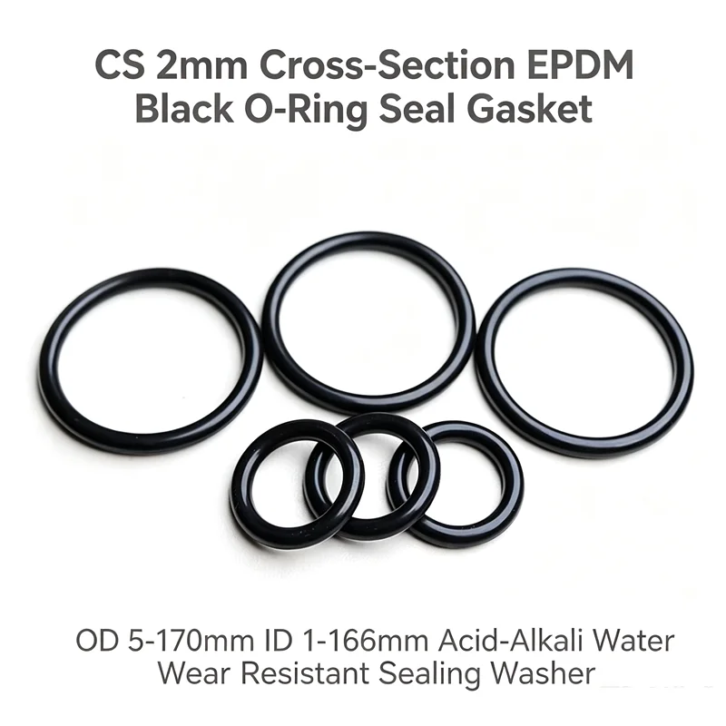 CS 2mm Cross‑Section EPDM Black O‑Ring Seal Gasket OD 5‑170mm ID 1‑166mm Acid‑Alkali Water Wear Resistant Sealing Washer