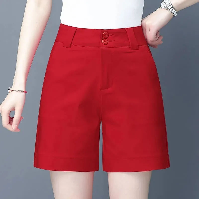 

Women's Summer High Waist Casual Shorts Solid Color Straight Leg Button Decor Pocket Shorts