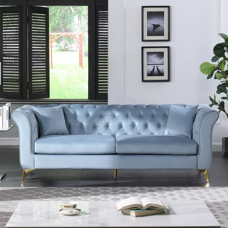 Stanford Sofa ,  Chesterfield Sofa ,Teal Blue , Tufted And Wrinkled Fabric Sofa，Tufted Sofa With Scroll Arm