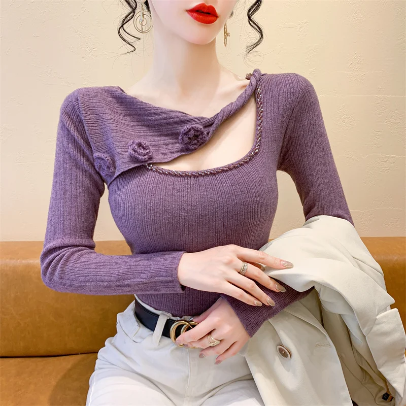 

2025,New,European,Clothes,Fall,Winter,Knitted,Sweater,Women,Chic,Sexy,Hollow Out,Beading,Flower,Tops,Long Sleeve,Pullover,41174