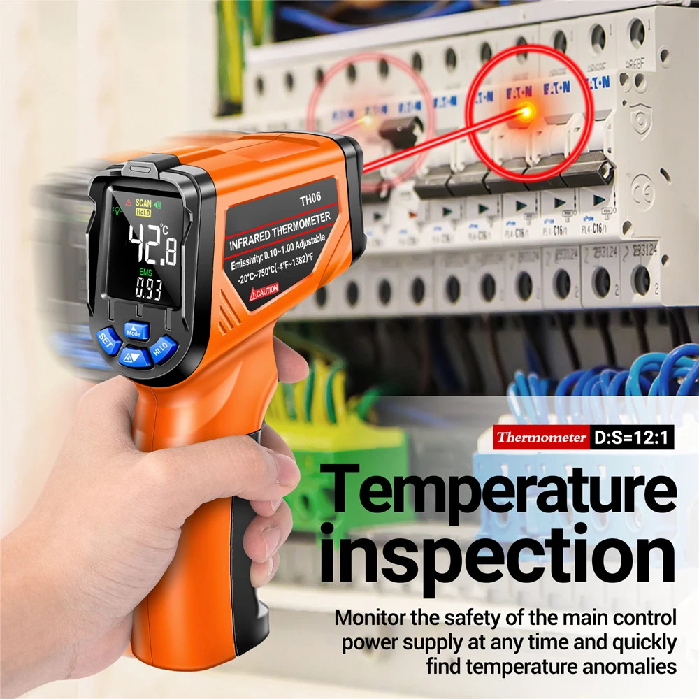 ANENG TH06 Regulowany przemysłowy pistolet do pomiaru temperatury na podczerwień VA Termometr z odwróconym ekranem Detektor Alarmy wysokich/niskich