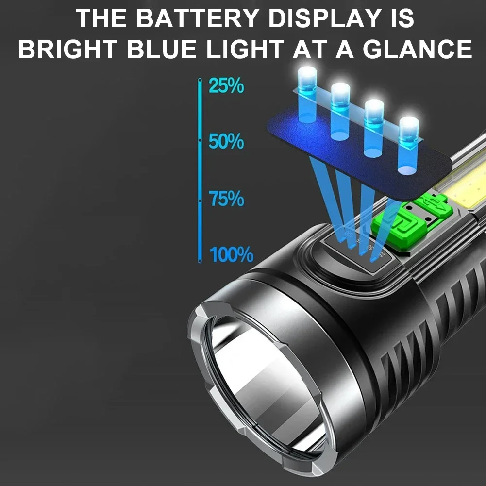 ไฟฉายอันทรงพลัง 3 โหมดไฟฉายแบบชาร์จไฟได้แบตเตอรี่ในตัว 18650 Flashtorch สําหรับไฟฉุกเฉินเดินป่าตั้งแคมป์กลางแจ้ง