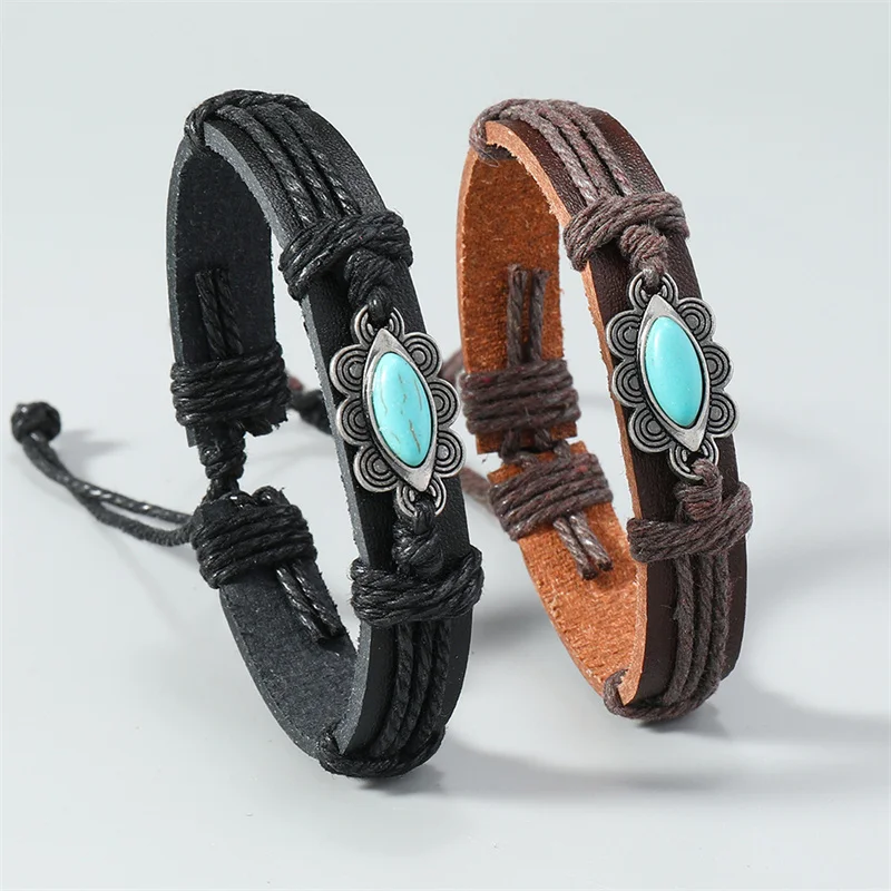 Brown/Black Hand Braided Leather Bracelets For Men Women Classical Geometric Turquoise Stone Floral Charm Wristband Jewelry Gift