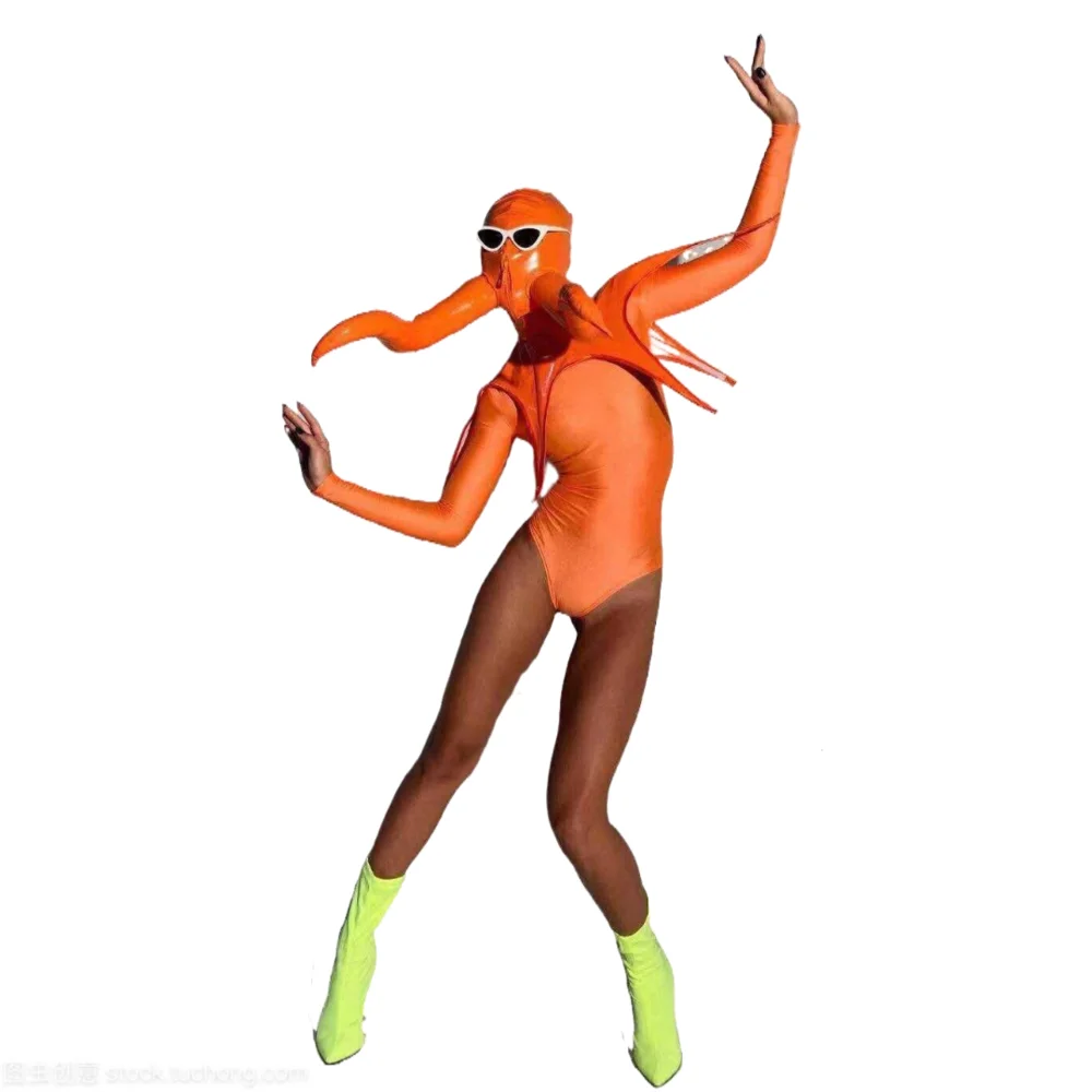 Halloween Cosplay Costume Orange Octopus Headgear Bodysuit Role Performance Dance Clothes Nightclub Bar Party Show Rave Outfit