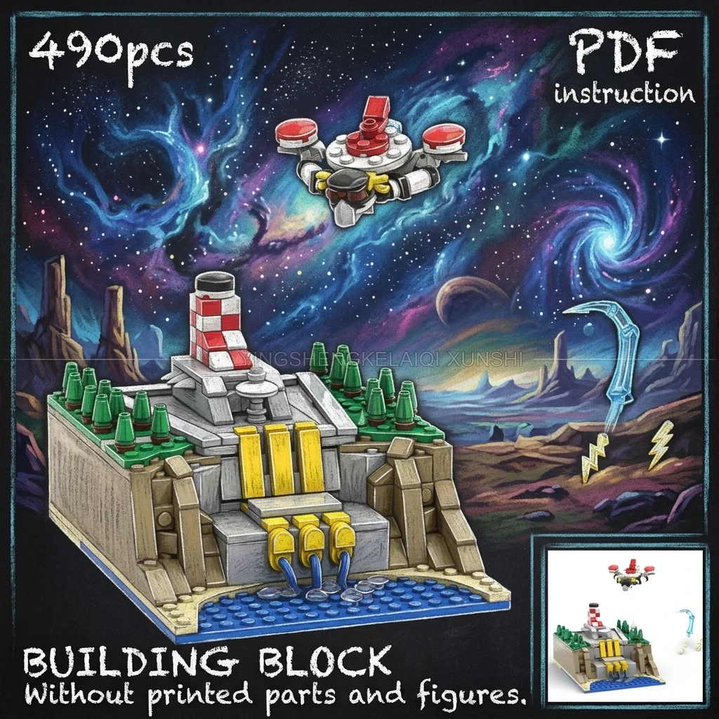 

Classic 70s Super Robot MOC Building Blocks Sci-Fi Flying Saucer Mech Dam Base Micro Diorama Display Adult Collector Toy