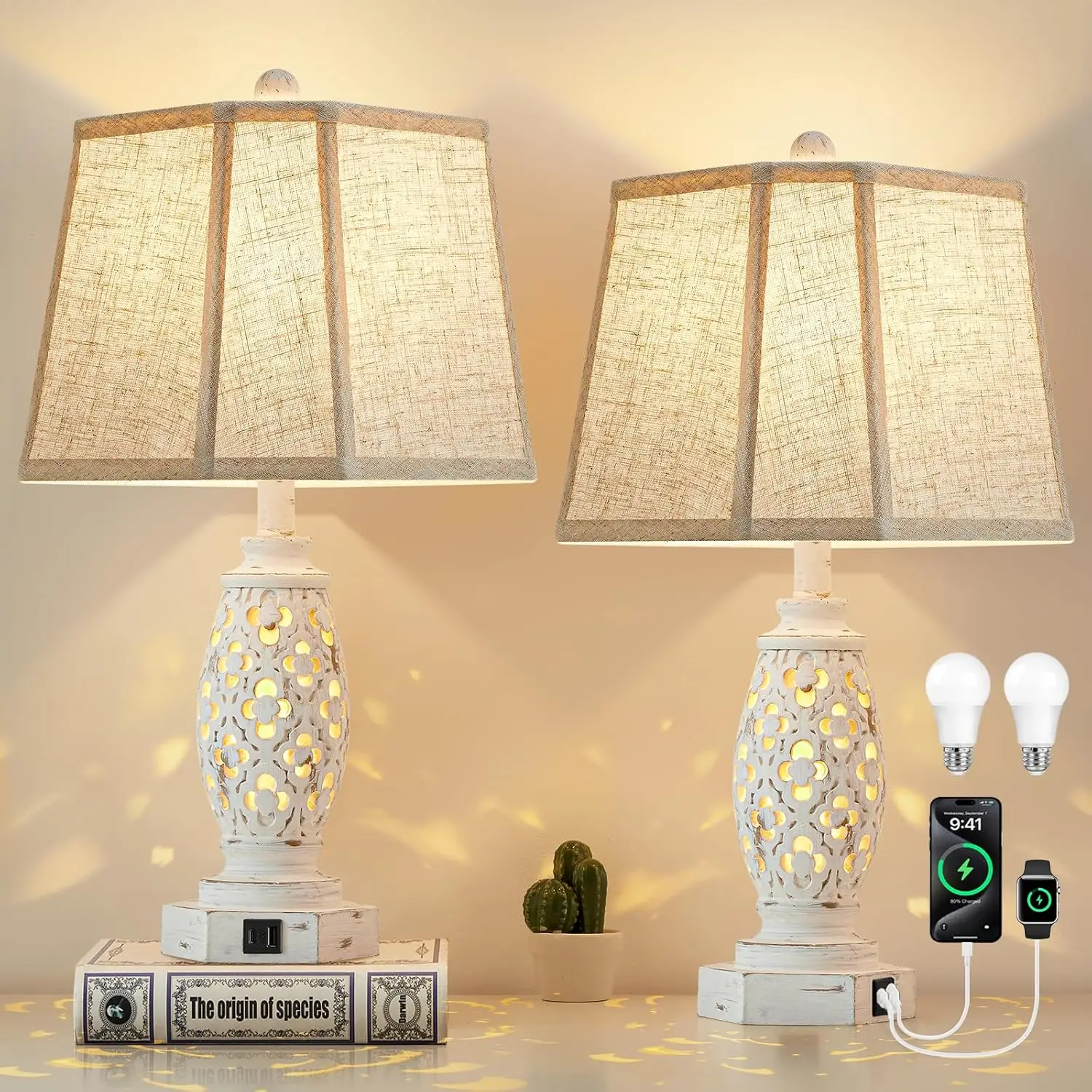 

Набор из 2-х настольных ламп в деревенском стиле с USB-портами A+C и ночником, кремового цвета, с лампочками в комплекте, для спальни или гостиной