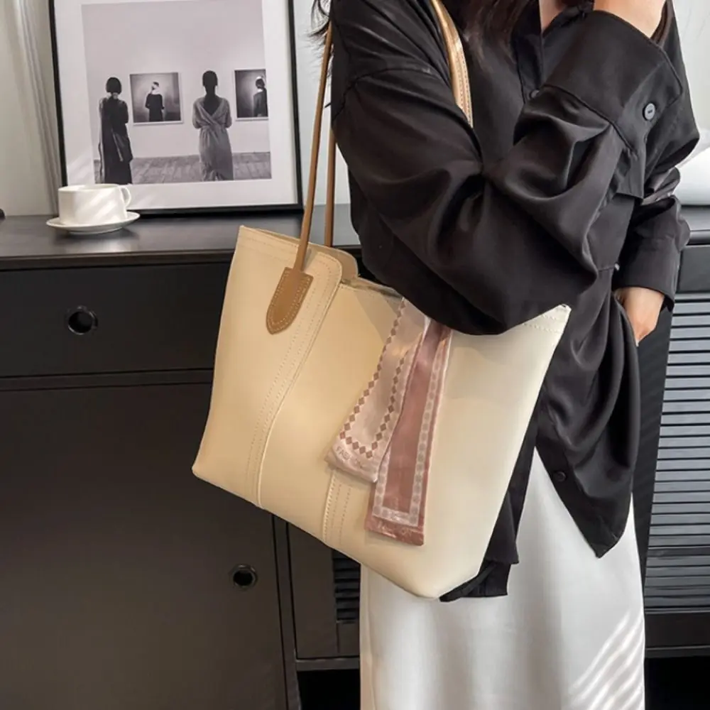 

Fashionable Korean Style Tote Bag Silk Scarf Casual One Shoulder Bag Polyester Solid Color Women Handbag Daily