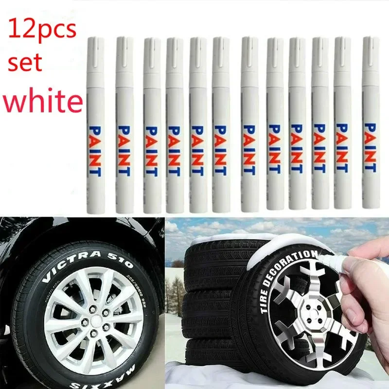 12pcs/set White Waterproof Rubber Permanent Paint Marker Supplies Pen Car Tyre Tread Environmental Tire Painting Writing Pens