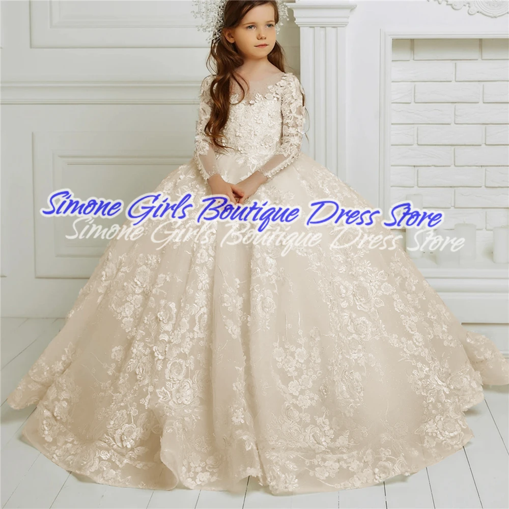 Flower Girl Dress Bows Children Long Sleeve For Weddings Party Princess First Holy Communion Dress Formal Tulle Ball Gown image 5