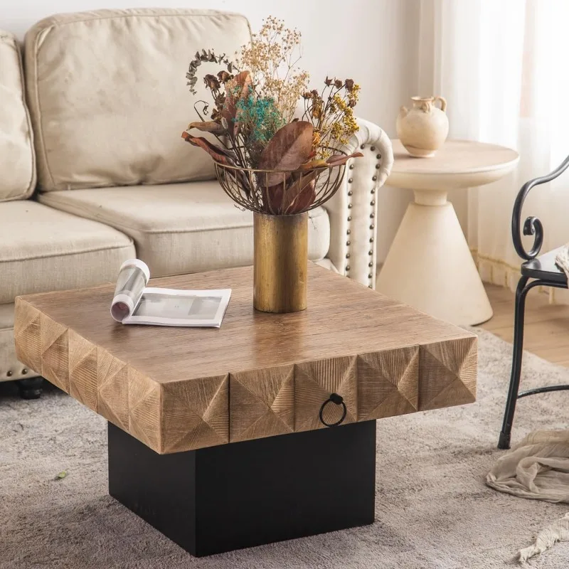 Diamond Shape  Coffee Table, Block Coffee Table， Wood Coffee Table with 2 Drawers for Living Room