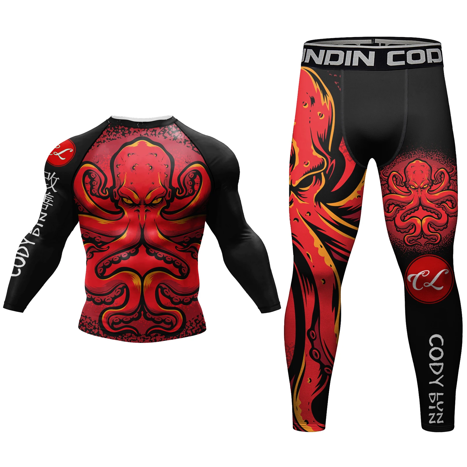 Custom Nice Pattern Sublimation Printed Young Mens Long Sleeve BJJ MMA Rash Guard Compression Tights T shirt+leggings sport set