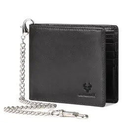 KAVIS RFID Shielding Mens Credit Card Holder Wallets Genuine Leather Wallet with Iron Chain Casual Male Coin Purse Money Bag
