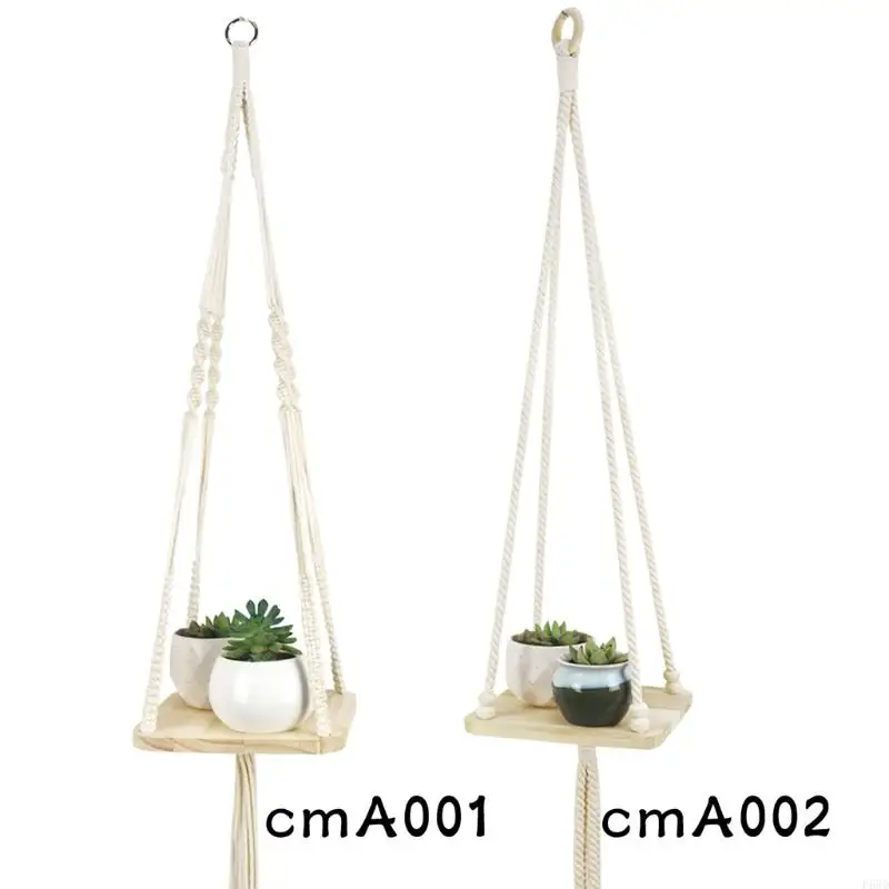 F68D Macrame Plant Hanger with Square Wooden Plate Tray Hanging Planter Shelf Holder