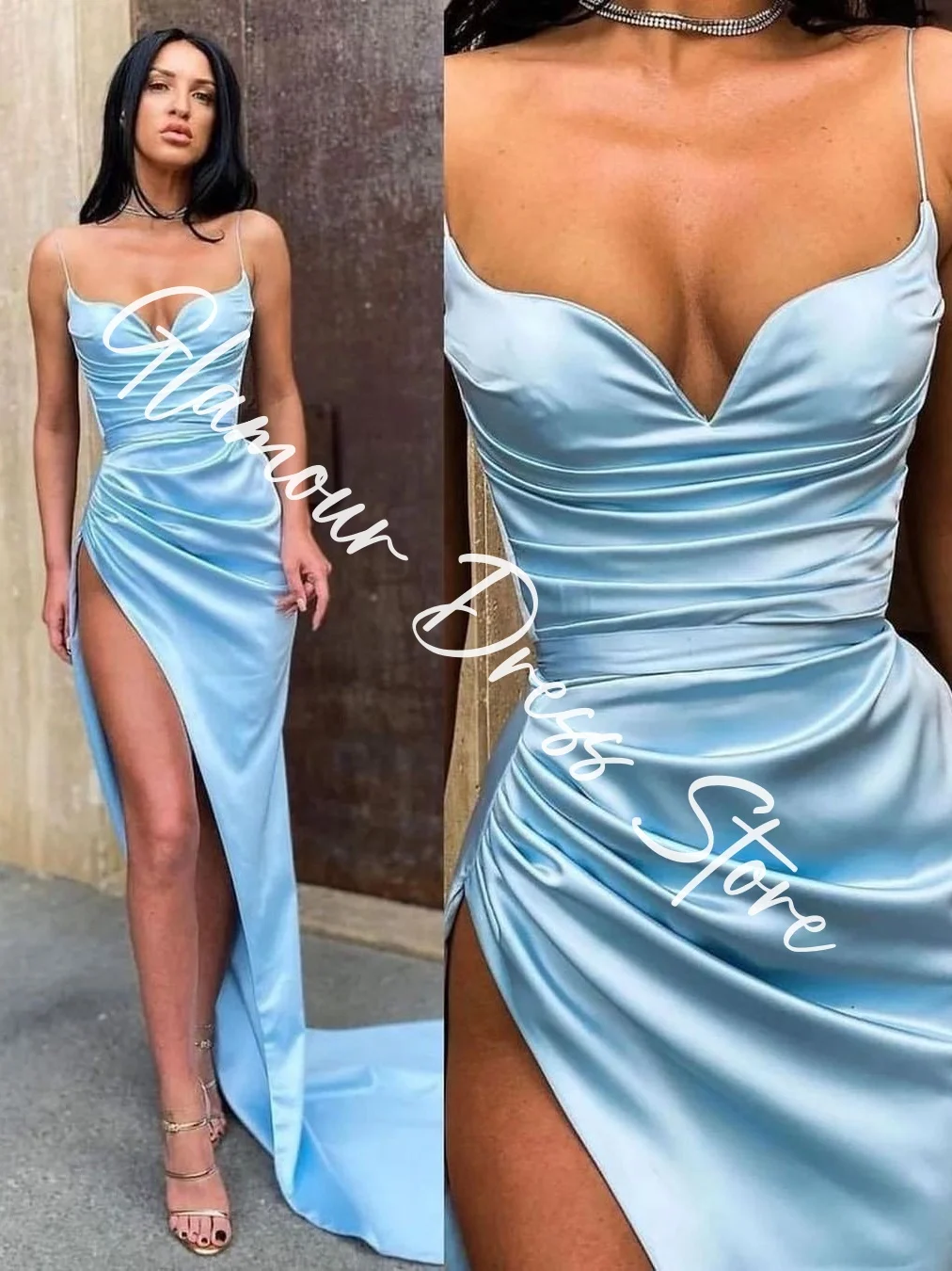 Customized Exquisite Satin Straight Spaghetti Straps Evening Dresses Panel Train Strapless Sleeveless Homecoming Dress