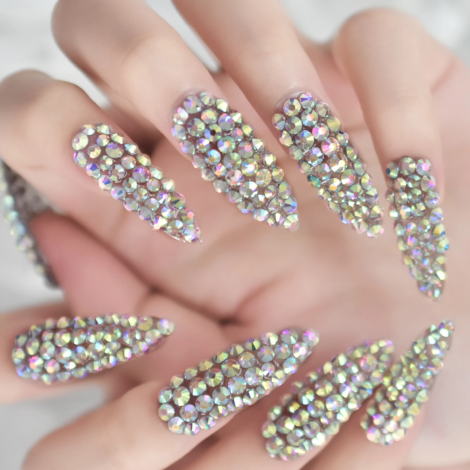 Volle Abdeckung 3D Strass Falsche Nägel Extra Lange Stiletto Künstliche Nägel Drücken Sie auf Nägel Luxus Salon Maniküre DIY Wiederverwendbare Nagelspitzen