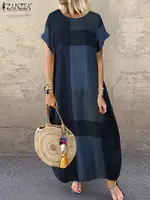 ZANZEA-Vestido veraniego a cuadros bohemio para mujer, Vestido largo de manga corta, Vestido de fiesta de vacaciones a la moda, Vestido informal holgado para mujer 2025