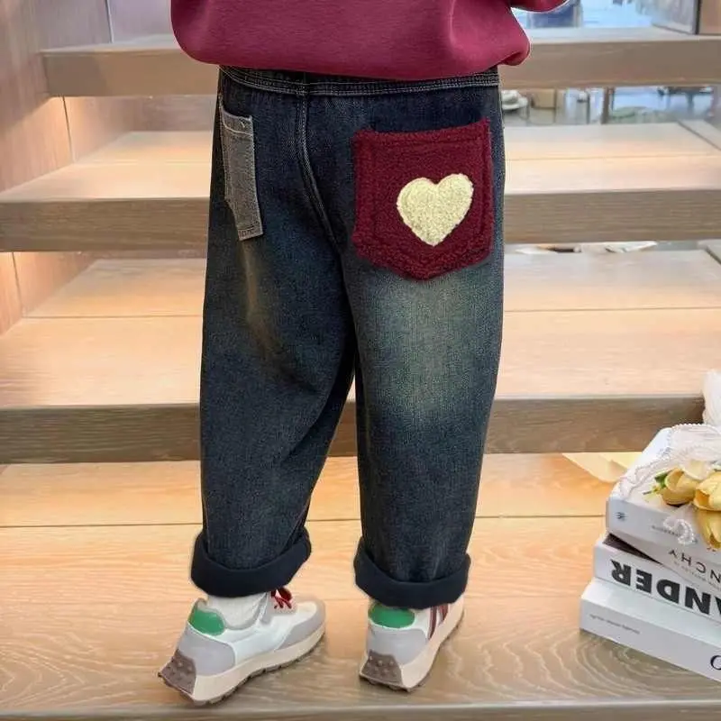 Girls Fleece Lined Jeans Winter Thick Warm Loose Pants Baby Kids Casual Denim Trousers