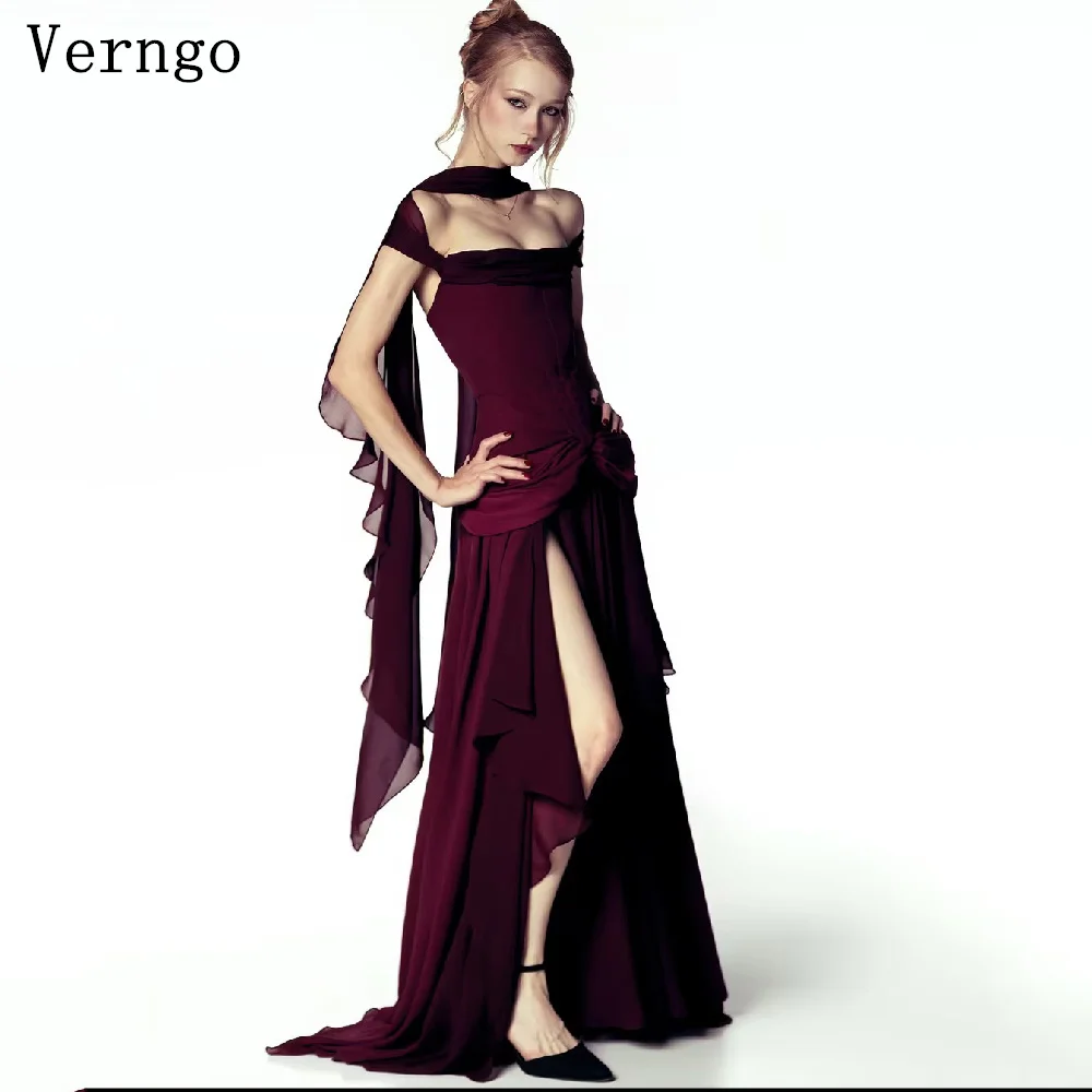 Verngo Wine Burgundy Chiffon Evening Dress Square Collar Pleated Party Dress Side Slit Wedding Party Prom Gowns Customized