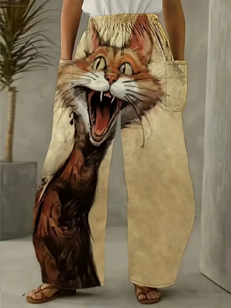 

Свободные винтажные брюки для женщин с карманами, новые забавные повседневные женские шаровары с рисунком кота и животного, модные брюки