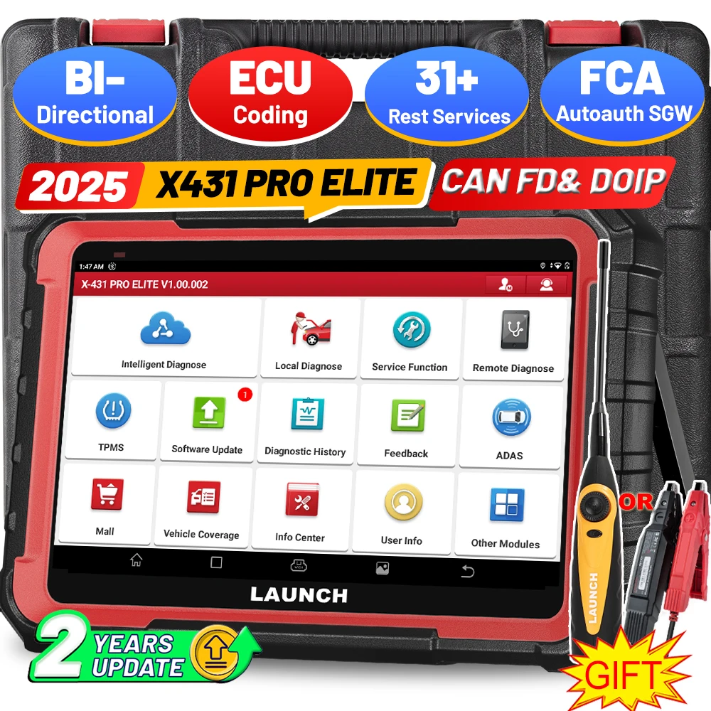 LAUNCH X431 PRO Elite OBD2 herramienta de diagnóstico CAN FD DOIP ECU codificación 31+ reinicio escáner de sistema completo FCA Autoauth 2 años actualización gratuita