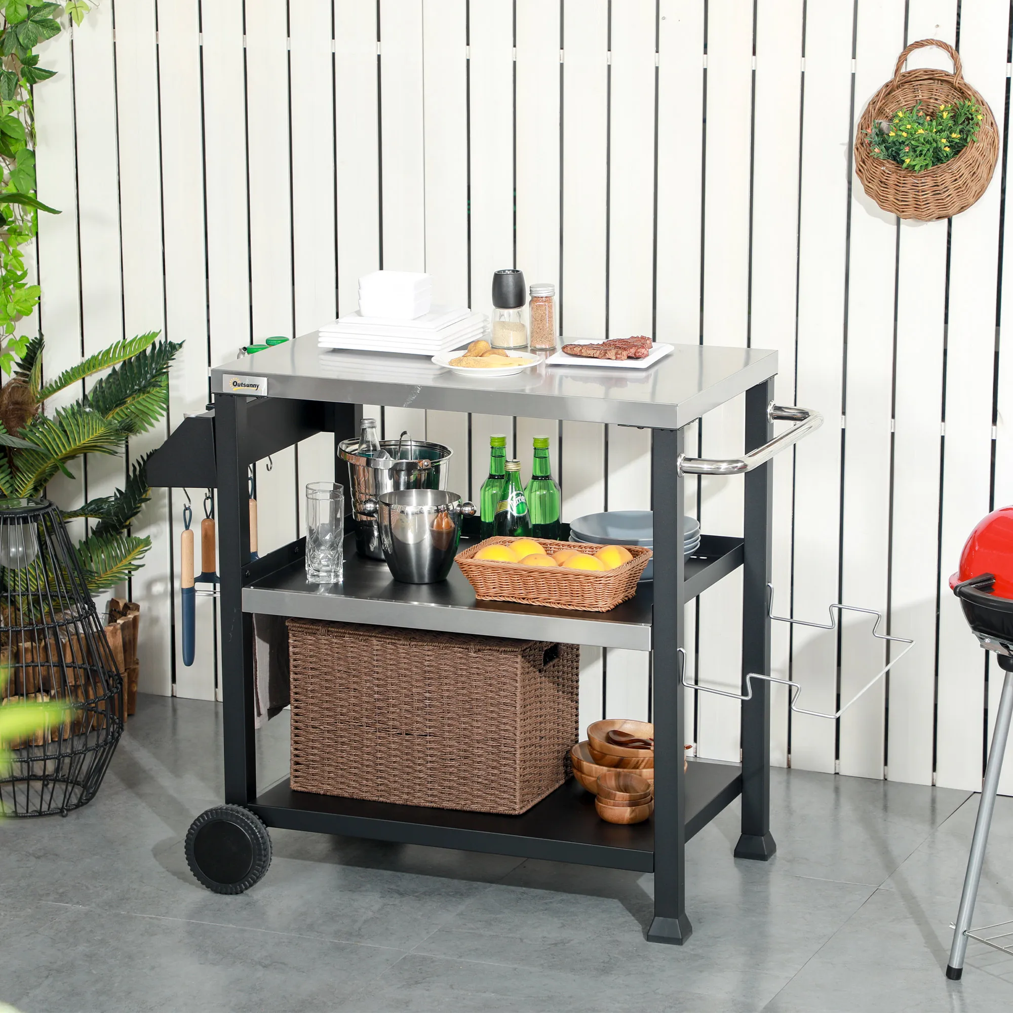 Movable Stainless Steel 3-Shelf Outdoor Grill Cart w/ Side Handle